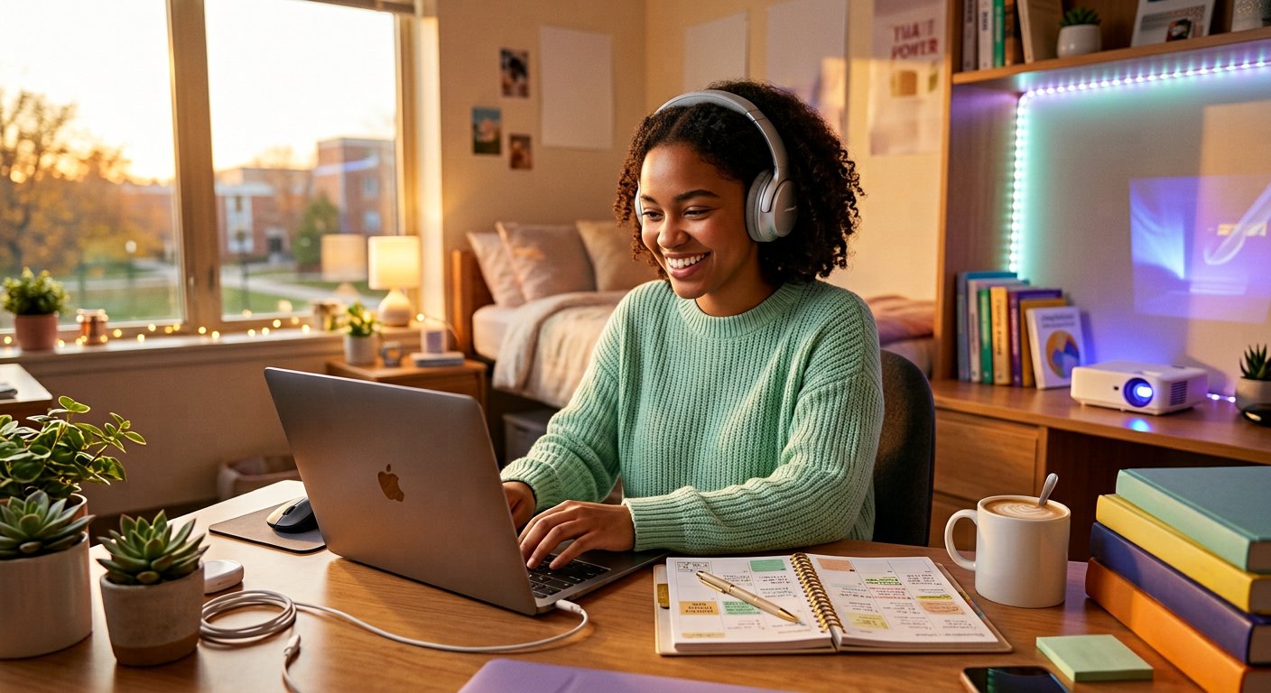 Student running a side hustle from a dorm desk with laptop and projector